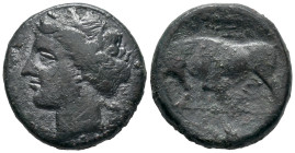 Sicily, Syracuse. Hieron II (275-215 BC). Æ (20mm, 6.19g, 9h), c. 275-269 BC. Wreathed head of Kore l. R/ Bull butting l.; club and Z above, IE in exe...