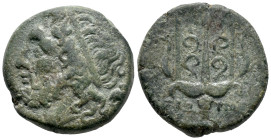 Sicily, Syracuse. Hieron II (275-215 BC). Æ (19mm, 6.67g). Head of Poseidon l., wearing tainia. R/ Ornamented trident head flanked by two dolphins. CN...