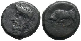 Sicily, Tauromenion, c. 275-216 BC. Æ (19mm, 6.8g). Head of Poseidon l. R/ Bull butting l. CNS III, 94. Near VF