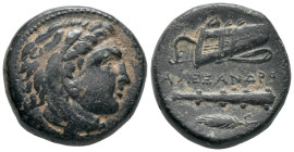 Kings of Macedon, Alexander III 'the Great' (336-323 BC). Æ Unit (18mm,6.993g). Miletos, 323-319. Head of Herakles r., wearing lion skin. R/ Bow in bo...