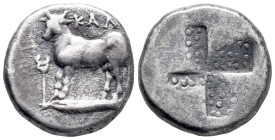 Bithynia, Kalchedon, c. 367-340 BC. AR Drachm (13mm, 3.71g). Bull standing l. on grain ear; kerykeion to l. R/ Quadripartite square with stippled surf...