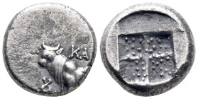 Bithynia, Kalchedon, c. 367-340 BC. AR Drachm (15mm, 3.65g). Bull standing l. on grain ear; kerykeion to l. R/ Quadripartite square with stippled surf...