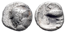 Mysia, Kyzikos, c. 450-400 BC. AR Hemibol (7mm, 0.23g). Head of Hermes r., wearing winged concical helmet. R/ Tunny r. Von Fritze II 21; SNG von Auloc...
