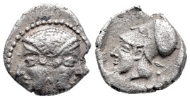 Mysia, Lampsakos, c. 500-450 BC. AR Obol (10mm, 0.85g). Female janiform head. R/ Helmeted head of Athena l. within incuse square. SNG BnF 1128-31. Nea...