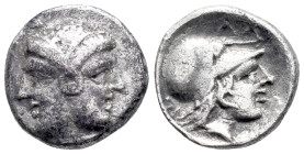 Mysia, Lampsakos, 4th-3rd centuries BC. AR Diobol (11mm, 1.15g). Janiform female head. R/ Head of Athena r., wearing crested Corinthian helmet. SNG Bn...