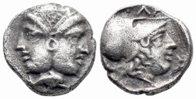 Mysia, Lampsakos, 4th-3rd centuries BC. AR Diobol (12mm, 1.53g). Janiform female head. R/ Head of Athena r., wearing crested Corinthian helmet. SNG Bn...
