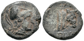 Mysia, Pergamon, c. 310-282 BC. Æ (16mm, 3.23g). Helmeted head of Athena r. R/ Head of bull r. SNG BnF 1573 var. (monogram to l.). Good Fine