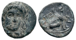 Troas, Gergis, 4th century BC .Æ (9mm, 0.62g). Laureate head of Sibyl Herophile facing slightly r. R/ Sphinx seated r. BMC 2. Near VF