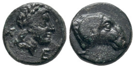 Troas, Kebren, c. 4th century BC. Æ (10mm, 1.04g). Laureate head of Apollo r. R/ Head of ram r. SNG Copenhagen 266 var. (eagle below); SNG von Aulock ...