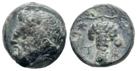 Aeolis, Temnos, 3rd century BC. Æ (11mm, 1.50g). Bearded head of Dionysos l., wearing ivy wreath. R/ Grape bunch on vine. SNG Arikantürk 536-550; SNG ...