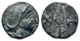 Lesbos, Chalke, 4th century BC. Æ (9mm, 0.56g). Head of Artemis r., wearing stephane. R/ Spearhead. SNG von Aulock 8736-7; BMC 1-4; HGC 6, 1282. Near ...
