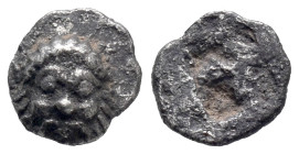 Lesbos, Methymna, c. 500/480-460 BC. AR Hemiobol (6mm, 0.22g). Facing head of Silenos. R/ Quadripartite incuse square. Unpublished in the standard ref...