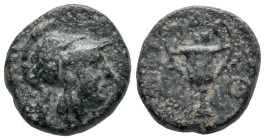 Lesbos, Methymna, c. 350-240 BC. Æ (12mm, 1.50g). Helmeted head of Athena r. R/ Kantharos; uncertain symbol above. Franke 22; HGC 6, 916. Near VF