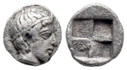 Ionia, Kolophon, c. 500-450 BC. AR Hemiobol (7mm, 0.32g). Diademed head of Apollo r. R/Quadripartite incuse square. Asia Minor Coins online 8699. VF