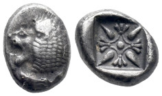 Ionia, Miletos, late 6th-early 5th century BC. AR Diobol (10mm, 0.76g). Forepart of a lion r., head l. R/ Stellate design within square incuse. SNG Ka...