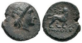 Ionia, Miletos, c. 313/12-290 BC. Æ (10mm, 0.98g). Demosthenes, magistrate. Laureate head of Apollo r. R/ Lion standing r., head l.; star above. Deppe...