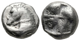 Ionia, Uncertain, c. 600-550 BC. Pale EL Hekte - Sixth Stater (11mm, 2.26g). Uncertain standard. Forepart of bridled horse l., legs forward in running...