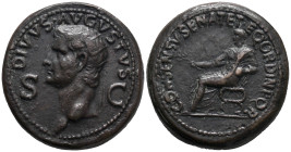 Divus Augustus (died AD 14). Æ Dupondius (30.5mm, 20.8g). Rome, 37-41. Radiate head of Divus Augustus l. R/ Augustus, laureate and togate, seated l. o...