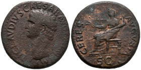 Claudius (41-54). Æ Dupondius (30mm, 15.68g). Rome, 41-2. Bare head l. R/ Ceres seated l. on throne, holding two stalks of grain and long torch. RIC I...