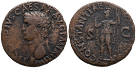 Claudius (41-54). Æ As (27mm, 10.14g). Rome, 42-3. Bare head l. R/ Constantia standing l., raising hand and holding spear. RIC I 111. Near VF
