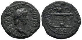 Nero (54-68). Æ Semis (19.2mm, 4g). Rome, 62-8. Laureate head r. R/ Table bearing urn and wreath; on front of l. panel, two griffins standing facing o...