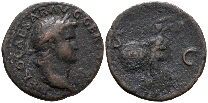 Nero (54-68). Æ As (27mm, 8.54g). Rome, 62-8. Laureate head r. R/ Victory flying...