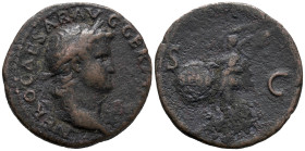 Nero (54-68). Æ As (27mm, 8.54g). Rome, 62-8. Laureate head r. R/ Victory flying l., holding shield inscribed S P Q R. RIC I 312. Good Fine