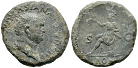 Vespasian (69-79). Æ Dupondius (27mm, 10.98g). Rome, 71. Radiate head r. R/ Roma seated l. on cuirass, holding wreath and parazonium; shields behind. ...