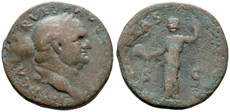 Vespasian (69-79). Æ As (25mm, 9.49g). Rome, 76. Laureate head r. R/ Aequitas st...