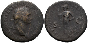 Domitian (81-96). Æ Sestertius (33mm, 19.93g). Rome, 81-2. Laureate head r. R/ Minerva standing l., holding spear. RIC II 78 or 105. Good Fine