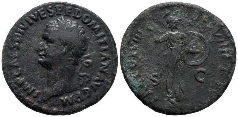 Domitian (81-96). Æ As (27mm, 7.92g). Rome, 82. Laureate head l. R/ Minerva adva...