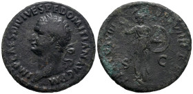 Domitian (81-96). Æ As (27mm, 7.92g). Rome, 82. Laureate head l. R/ Minerva advancing r., holding spear and shield. RIC II.1 111. Near VF