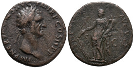 Nerva (96-98). Æ As (27mm, 8.57g). Rome, 96. Laureate head r. R/ Fortuna standing l., holding rudder and cornucopia. RIC II 60. VF