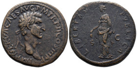 Nerva (96-98). Æ Sestertius (34mm, 27g). Rome, 97. Laureate head r. R/ Libertas standing l., holding sceptre and pileus. RIC II 100. VF