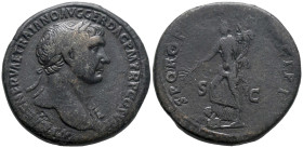 Trajan (98-117). Æ Sestertius (33.5mm, 26.62g). Rome, 104-107. Laureate bust r. with small aegis. R/ Pax standing l., with foot on on shoulder of half...