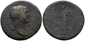 Trajan (98-117). Æ Sestertius (34mm, 22.80g, 6h). Rome, 104-107. Laureate bust r. with small aegis. R/ Pax standing l., with foot on shoulder of half-...