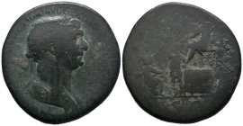 Trajan (98-117). Æ Sestertius (33mm, 23.77g). Rome, 116-7. Laureate and draped bust r. R/ Trajan seated l. on platform, presenting Parthamaspates to k...