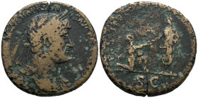 Hadrian (117-138). Æ Sestertius (31mm, 25.53g). Rome, 120-1. Laureate bust r. with slight drapery on l. shoulder. R/ Hadrian standing l., holding volu...