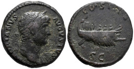 Hadrian (117-138). Rome, 125-7. Æ As (25mm, 10.26g). Laureate head r. R/ Ship l. RIC II.3 818. VF