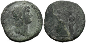 Hadrian (117-138). Æ Sestertius (32mm, 22.24g). Rome, 133-5. Laureate and draped bust r. R/ Emperor standing r., holding volumen, clasping hands with ...