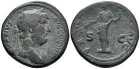Hadrian (117-138). Æ Sestertius (31mm, 26.23g). Rome, 136. Laureate bust r., slight drapery on l. shoulder. R/ Felicitas standing l., holding branch a...
