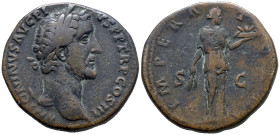 Antoninus Pius (138-161). Æ Sestertius (31.5mm, 24.64g). Rome, 143-4. Laureate head r. R/ Fides standing r., holding grain ears and basket of fruit. R...