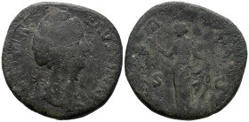 Diva Faustina Senior (died AD 140/1). Æ Sestertius (32mm, 23.4g). Rome. Draped bust r. R/ Aeternitas standing l., holding phoenix on globe in r. hand,...