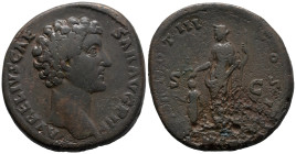 Marcus Aurelius (Caesar, 139-161). Æ Sestertius (32.5mm, 25.92g). Rome, 148-9. Bare head r. R/ Pietas standing l., holding sceptre and extending r. ha...