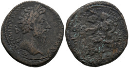 Marcus Aurelius (161-180). Æ Sestertius (32mm, 25.86g). Rome, 168-9. Laureate head r. R/ Fortuna seated l., holding rudder and cornucopia. RIC III 962...