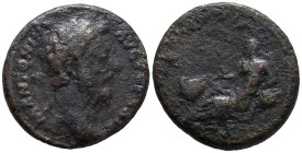 Marcus Aurelius (161-180). Æ As (25mm, 10.20g). Rome, 174-5. Laureate head r. R/ Tiber reclining l., leaning on water urn, holding reed and resting ha...