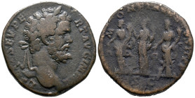 Septimius Severus (193-211). Æ Sestertius (29.20mm, 18.88g). Rome, 194. Laureate head r. R/ The Three Monetae standing slightly l., each holding scale...