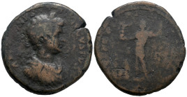 Caracalla (198-217). Æ Sestertius (33mm, 25.18g). Rome, 199-201. Laureate, draped and cuirassed bust r. R/ Caracalla, in military attire, standing l.,...