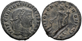 Maximianus (286-305). Æ Follis (26mm, 7.83g). Cyzicus, 297-9. Laureate head r. R/ Genius standing l., holding patera from which liquor flows and cornu...