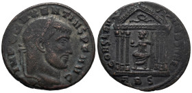 Maxentius (306-312). Æ Follis (24.3mm, 6.82g). Rome, 308-310. Laureate head r. R/ Roma seated facing, head l., within hexastyle temple, holding globe ...